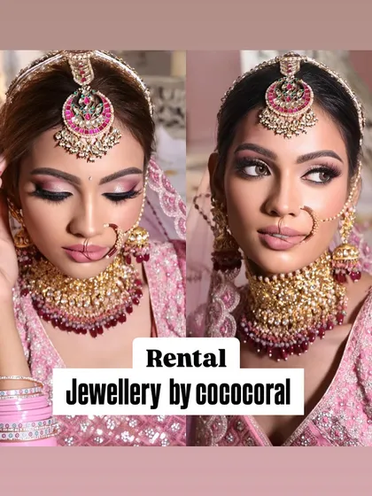 A collage showing a model in a pink bridal look, featuring my rental jewellery. I offer special packages for makeup artists.