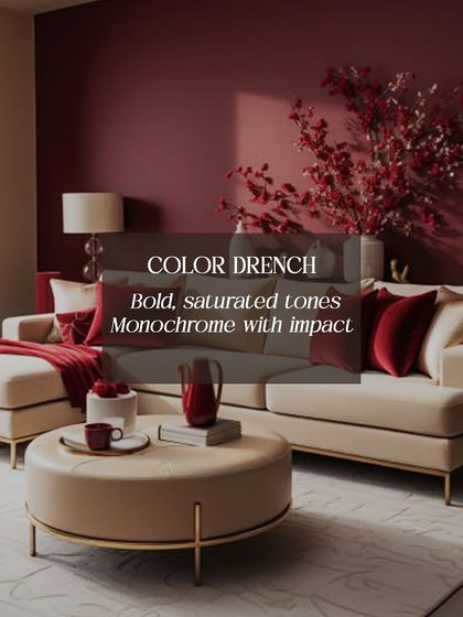 Color drenching is a powerful trend. We use bold, saturated tones in a monochrome palette to create a high impact, immersive color experience in a room.