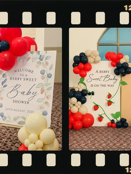 A unique "A Berry Sweet Baby" shower theme. The decor features a welcome easel and a custom backdrop decorated with balloon "berries" in red and navy blue.