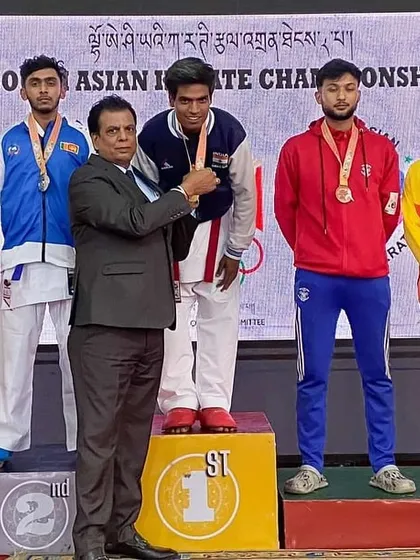 Standing tall for India. Our students Tushar and Harshit on the victory podium after winning gold medals at the 8th South Asian Karate Championship in Thimphu, Bhutan.