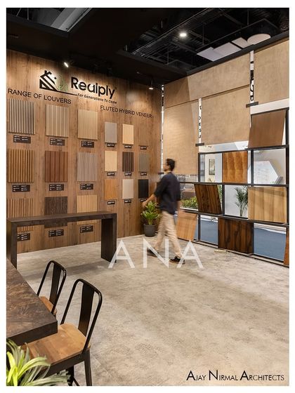 This area of the Realply '23 stall showcases a range of louvers and fluted panels. The display is designed for easy comparison, while a unique rotating panel system allows for interactive product exploration.