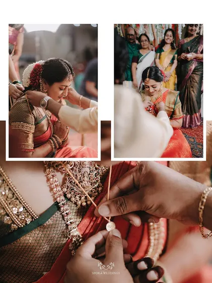 A collage showing the sacred moment of the thaali tying ceremony, a central ritual in South Indian weddings.