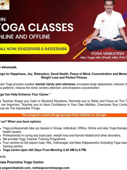 Whether you prefer to practice online or in person, I have a class for you. This poster outlines the variety of yoga programs we offer, from group and individual sessions to specialized yoga therapy. We are open 365 days a year, ready to help you on your journey to happiness, good health, and peace of mind.