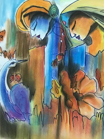 This soft pastel artwork of Radha and Krishna is another beautiful example of exploring cultural themes. The student has used a unique style and color palette to create a serene and emotional piece.