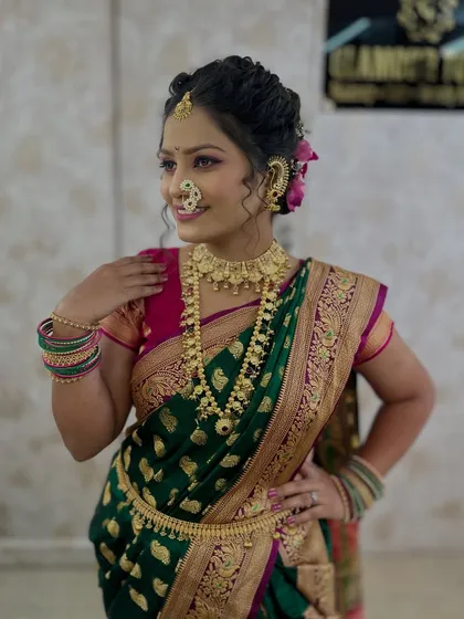 The final look of our Maharashtrian bridal makeup demonstration, ready for a professional portfolio shoot.