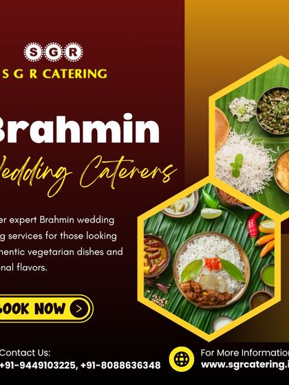 Our Brahmin wedding catering services feature a diverse spread of pure vegetarian dishes. This collage shows the variety we offer, from banana leaf meals to beautifully arranged thalis, ensuring an authentic feast for your special day.