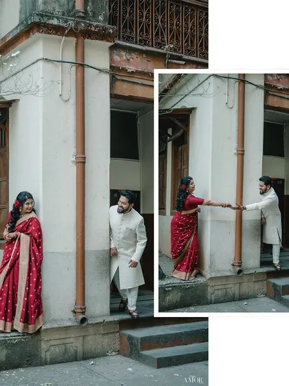 A collage showing a couple's first look moment. The sequence captures the anticipation and the sweet connection as they reach for each other's hands.