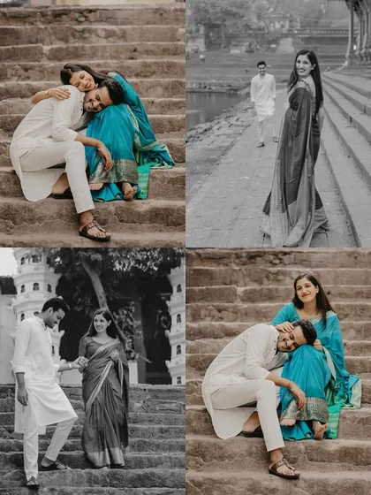 A collection of four images from the Banganga shoot, showing a mix of color and monochrome portraits, seated and standing poses.