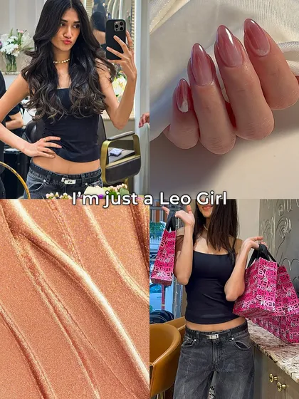 I'm just a Leo girl. This moodboard is all about main character energy, featuring a glamorous blowout, shimmering highlighter, and a confident mirror selfie.