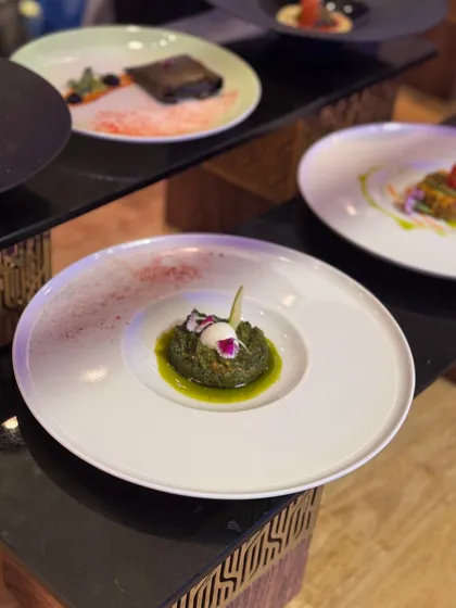 A rich, green palak preparation elegantly centered in a deep-rimmed plate, showcasing a modern take on a classic Indian flavour profile.