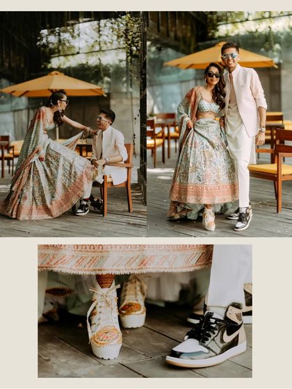 A fun collage highlighting the couple's cool and modern style, showing off their matching sneakers paired with traditional Haldi outfits.