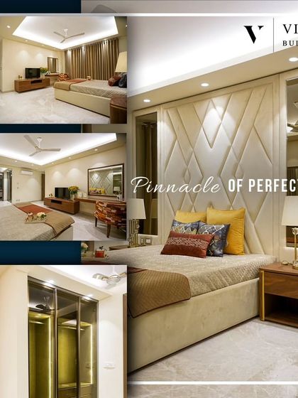 We aim for the pinnacle of perfection in our bedroom designs. This collage shows different angles of a luxurious bedroom, highlighting the tufted headboard, integrated mirrors, and a spacious walk in closet.