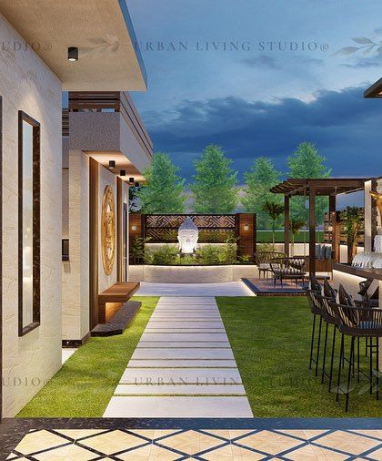 This render shows the proposed bar and patio area for the Punjabi Bagh project, seamlessly connected to the indoor living space. The design includes patterned tiles and a starry ceiling effect over the bar.