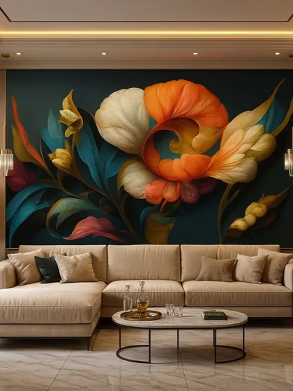 A vibrant and colorful abstract floral mural. The mix of orange, teal, and pink creates a lively and energetic focal point in this modern living space.