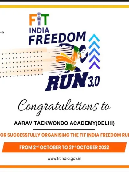 A certificate of congratulations for Aarav Taekwondo Academy for successfully organizing the Fit India Freedom Run.