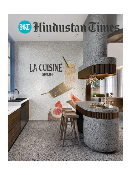 A kitchen backsplash is a canvas for expression. This render for a project in Siolim features a custom mosaic wall, turning the kitchen into a piece of art. The curved terrazzo island adds a soft, sculptural counterpoint.