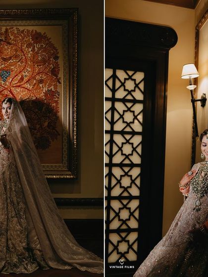 A diptych of Megha's bridal portraits, showcasing her stunning lehenga against an artistic backdrop and in an elegant hallway. These shots emphasize the grandeur of her attire and the venue.