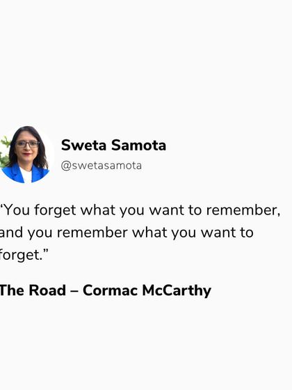 A tweet-style graphic with a quote from The Road by Cormac McCarthy. The memories you can't forget, however heavy, can be turned into something meaningful through writing.