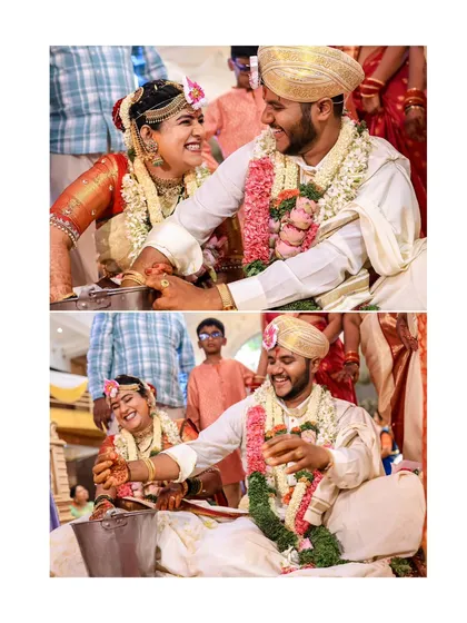 A collage showing the fun and games that are part of many Indian wedding rituals, with the couple playfully searching for a ring in a pot.