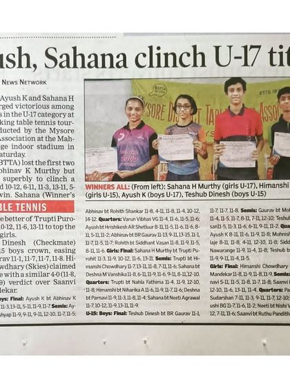 Our players' victories making headlines again. This article from the Times News Network covers the U-17 titles clinched by our paddlers Ayush and Sahana at the Mysore state ranking tournament.