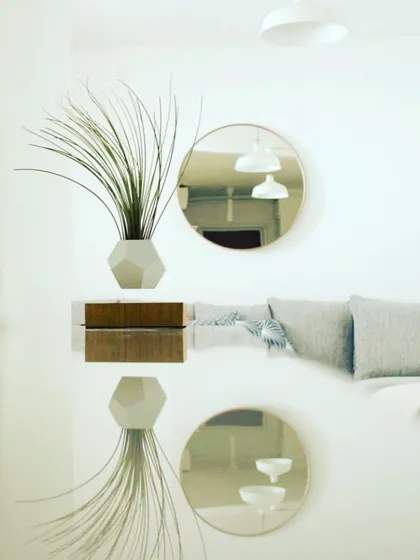 The FLYTE Lyfe planter is a statement piece of living art. Its minimalist design and gravity-defying rotation create a serene and captivating effect, seen here in a bright, modern living room.