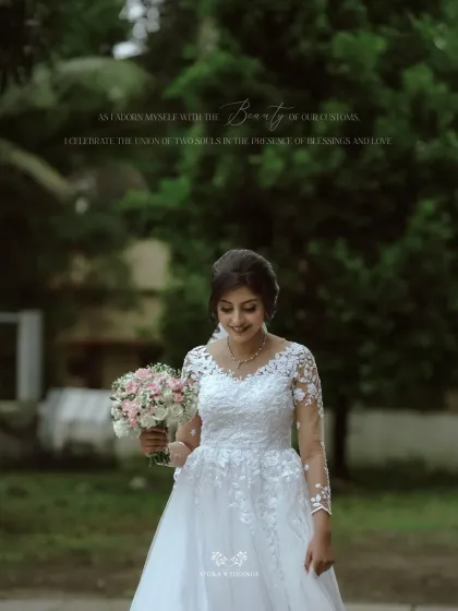 A beautiful bride in her gown, holding a delicate bouquet. The overlay text speaks of customs and the union of two souls, a theme I hold dear in my planning.