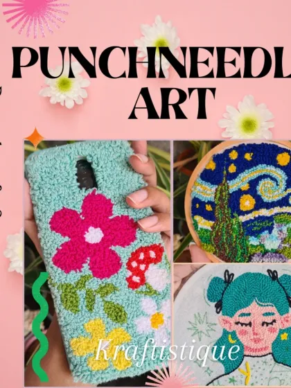 This collage showcases the versatility of punch needle art. I can make anything from textured phone cases to detailed hoop art, like this recreation of Van Gogh's "Starry Night".