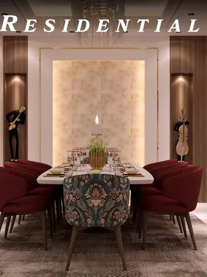A stunning residential dining room setup where a patterned host chair adds personality. The design features warm wood tones, recessed lighting, and decorative niches that create a rich, layered look.