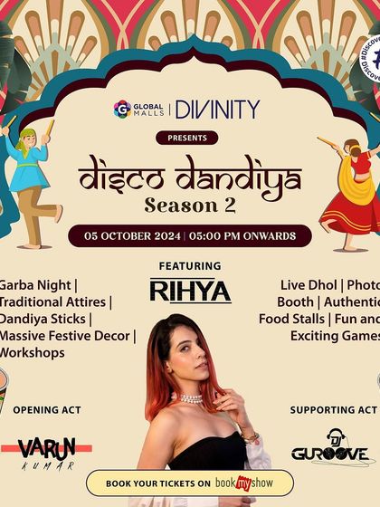 Another flyer for the Disco Dandiya event, detailing the full experience including live dhol, photo booths, and traditional food stalls that I help coordinate.