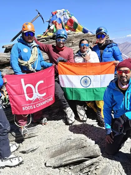 The summit of Kang Yatse II at 6,250 meters. This is the moment it's all for. Exhausted but elated, our team holds the Tiranga high, a symbol of pride and perseverance above the clouds in Ladakh. This is more than a climb; it's a story of teamwork and spirit.