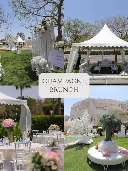 A collage showcasing a "Champagne Brunch" theme, with crisp white tents and decor on a lush green lawn, perfect for a sophisticated daytime event at a destination resort.
