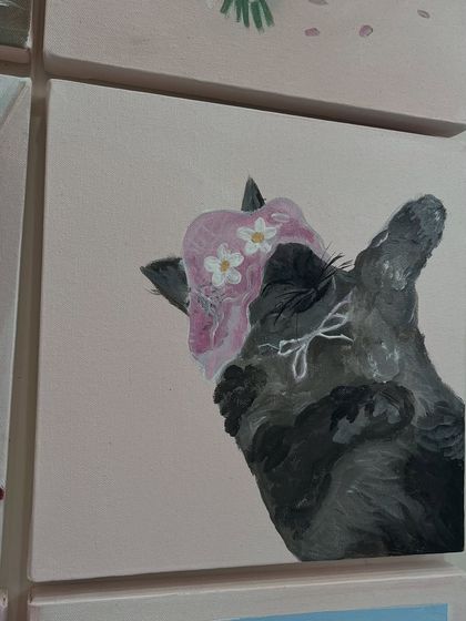 A playful and cute painting of a cat wearing a flower crown. I love incorporating whimsical and personal elements into these aesthetic art sets.