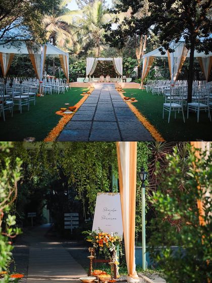 A collection of stunning wedding setups at The Farmhouse Collective. You can see the venue's versatility, from elegant morning ceremonies with floral mandaps to glamorous evening receptions with fairy lights and chic decor. This space is a blank canvas for your dream outdoor wedding in Bengaluru.