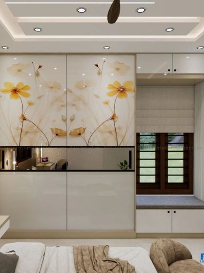 A close-up of the beautiful floral-printed sliding wardrobe in this bedroom.