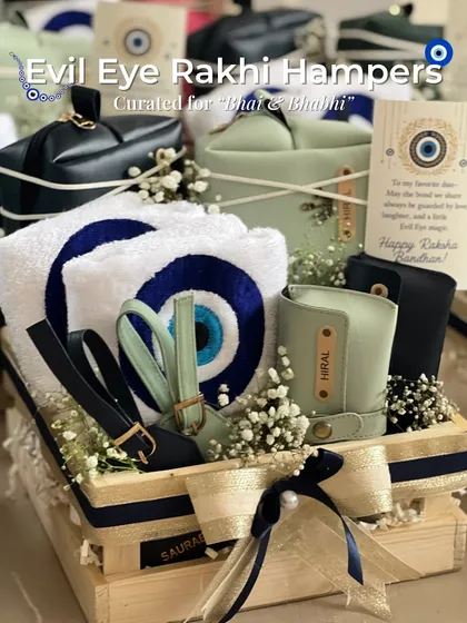 I love putting a modern twist on tradition, like with these Evil Eye Rakhi Hampers for your bhai and bhabhi. They are designed to offer protection and style, filled with personalized goodies for the coolest duo you know.