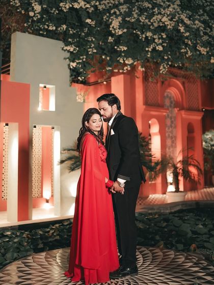 An outdoor shot showcasing the couple's chemistry. The makeup is designed to be long-lasting and withstand different lighting conditions, from indoor to outdoor.