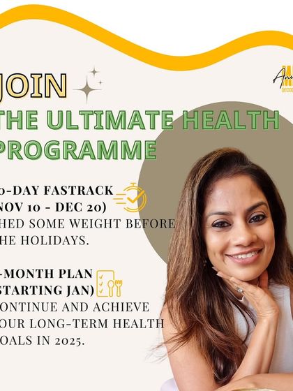 An advertisement for my Ultimate Health Programme, which includes a 40-day fast-track plan and a 3-month comprehensive plan for long-term results.