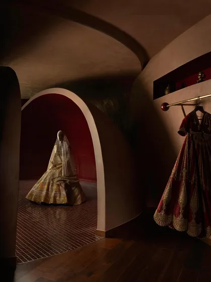 For the House of Masaba flagship, I translated the brand's vibrant couture into a sculptural space. Here, an arched niche finished in deep sindoor red frames a mannequin like a piece of art, creating a sanctum where fashion and architecture are in a seamless dialogue.