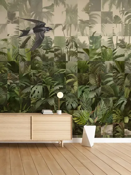 Another view of the pixelated jungle wallpaper, demonstrating its versatility in a minimalist setting with natural wood floors and furniture.
