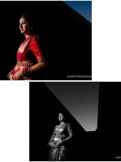 A diptych of a bride in a red saree, using strong, clean lines and shadows for a modern and dramatic effect. One shot is in color, the other in black and white.