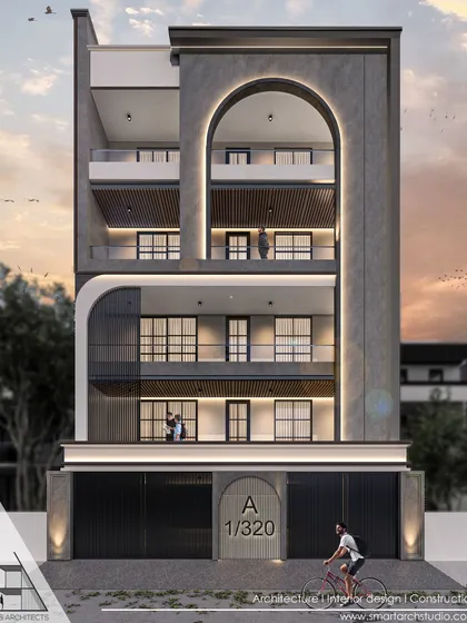 A neoclassical elevation concept that plays with curved forms on both the ground floor and upper levels, creating a sense of fluid grandeur.