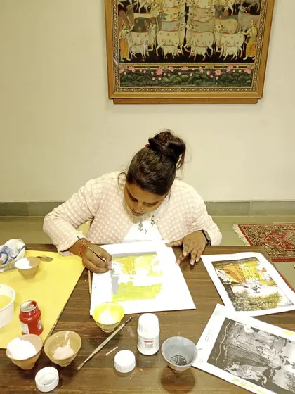 Here I am at a Pahari Miniature Painting workshop at Gyan Pravah, honing my skills. Continuous learning is a vital part of my journey as a traditional artist.