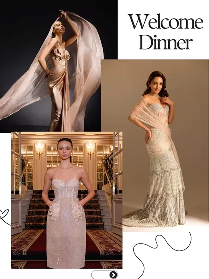 For a welcome dinner, I suggest elegant and ethereal gowns. This mood board features soft, flowing dresses with delicate embellishments that create a romantic and inviting first impression.