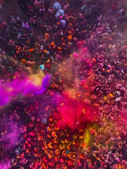 Capturing the chaos and color of Holi in Braj from above is an experience like no other. It’s a vibrant explosion of devotion and joy, and getting this top-down aerial shot required navigating a crowded airspace to freeze this perfect moment of celebration.