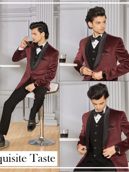 Exquisite taste. A collage showing different angles of the maroon velvet tuxedo, highlighting its rich texture and perfect tailoring.
