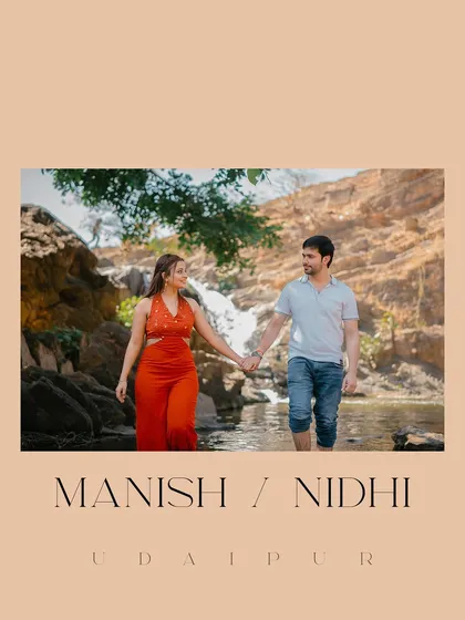 A personalized image from a waterfall shoot in Udaipur, introducing the couple and the stunning location.