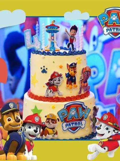 A spectacular two-tiered Paw Patrol cake, ready for a birthday celebration. Our parties always feature amazing, on-theme cakes that are a centerpiece of the event.