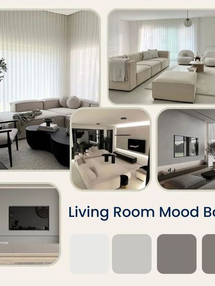 A living room mood board with a minimalist and serene aesthetic, using a palette of whites and greys, comfortable seating, and simple decor to create a peaceful environment.