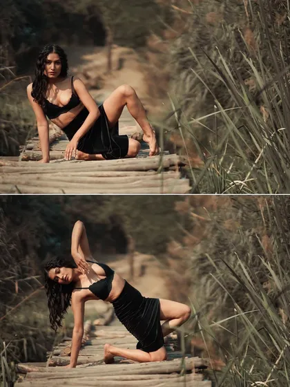 A collage of poses from the bridge shoot, showing the dynamic movement and energy we captured. It’s about interacting with the environment to create something unique.