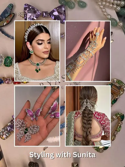 A collage of luxury bridal accessories, featuring beautiful hair clips, statement earrings, and intricate hathphools.